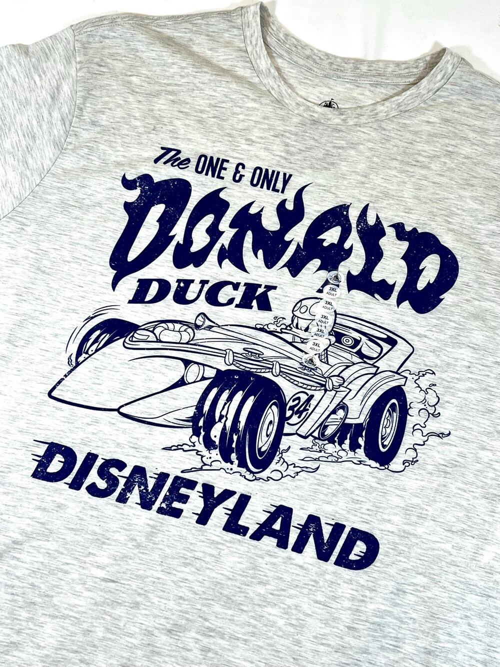 Disney Parks Disneyland The One & Only Donald Duck Race Car Grey Adult Tee - NWT